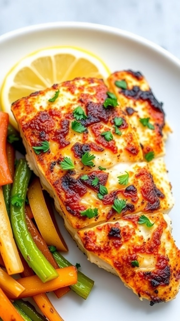 Crispy air fryer mahi mahi fillet garnished with parsley and lemon wedges on a white plate with vegetables.
